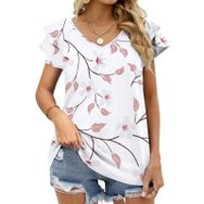 AILLOSA YH-313 V Yakalı Fırfırlı Baskılı Kısa Kollu Kadın T-shirt