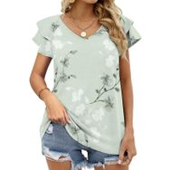 AILLOSA YH-314 V Yakalı Fırfırlı Baskılı Kısa Kollu Kadın T-shirt