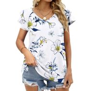 AILLOSA YH-315 V Yakalı Fırfırlı Baskılı Kısa Kollu Kadın T-shirt
