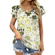 AILLOSA YH-316 V Yakalı Fırfırlı Baskılı Kısa Kollu Kadın T-shirt