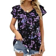 AILLOSA YH-317 V Yakalı Fırfırlı Baskılı Kısa Kollu Kadın T-shirt