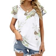 AILLOSA YH-318 V Yakalı Fırfırlı Baskılı Kısa Kollu Kadın T-shirt