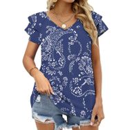 AILLOSA YH-319 V Yakalı Fırfırlı Baskılı Kısa Kollu Kadın T-shirt