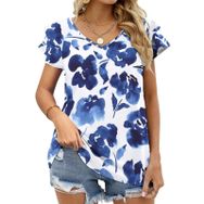 AILLOSA YH-32 V Yakalı Fırfırlı Baskılı Kısa Kollu Kadın T-shirt
