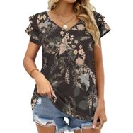 AILLOSA YH-320 V Yakalı Fırfırlı Baskılı Kısa Kollu Kadın T-shirt