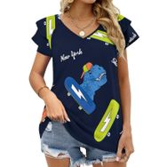 AILLOSA YH-321 V Yakalı Fırfırlı Baskılı Kısa Kollu Kadın T-shirt
