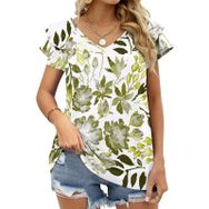 AILLOSA YH-322 V Yakalı Fırfırlı Baskılı Kısa Kollu Kadın T-shirt