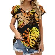 AILLOSA YH-323 V Yakalı Fırfırlı Baskılı Kısa Kollu Kadın T-shirt