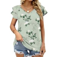 AILLOSA YH-324 V Yakalı Fırfırlı Baskılı Kısa Kollu Kadın T-shirt