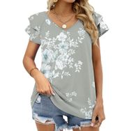 AILLOSA YH-327 V Yakalı Fırfırlı Baskılı Kısa Kollu Kadın T-shirt
