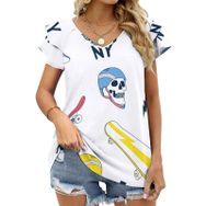 AILLOSA YH-328 V Yakalı Fırfırlı Baskılı Kısa Kollu Kadın T-shirt