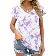 AILLOSA YH-329 V Yakalı Fırfırlı Baskılı Kısa Kollu Kadın T-shirt