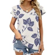 AILLOSA YH-33 V Yakalı Fırfırlı Baskılı Kısa Kollu Kadın T-shirt