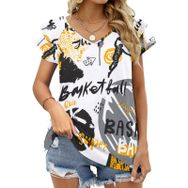 AILLOSA YH-330 V Yakalı Fırfırlı Baskılı Kısa Kollu Kadın T-shirt