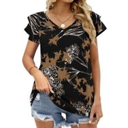 AILLOSA YH-331 V Yakalı Fırfırlı Baskılı Kısa Kollu Kadın T-shirt