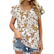 AILLOSA YH-332 V Yakalı Fırfırlı Baskılı Kısa Kollu Kadın T-shirt