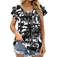 AILLOSA YH-333 V Yakalı Fırfırlı Baskılı Kısa Kollu Kadın T-shirt