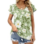 AILLOSA YH-335 V Yakalı Fırfırlı Baskılı Kısa Kollu Kadın T-shirt