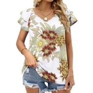 AILLOSA YH-336 V Yakalı Fırfırlı Baskılı Kısa Kollu Kadın T-shirt