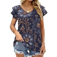 AILLOSA YH-337 V Yakalı Fırfırlı Baskılı Kısa Kollu Kadın T-shirt