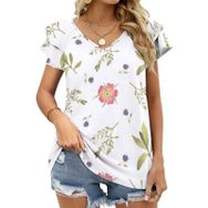 AILLOSA YH-338 V Yakalı Fırfırlı Baskılı Kısa Kollu Kadın T-shirt