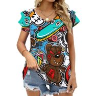 AILLOSA YH-339 V Yakalı Fırfırlı Baskılı Kısa Kollu Kadın T-shirt