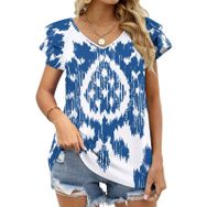 AILLOSA YH-34 V Yakalı Fırfırlı Baskılı Kısa Kollu Kadın T-shirt