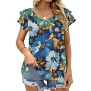 AILLOSA YH-340 V Yakalı Fırfırlı Baskılı Kısa Kollu Kadın T-shirt