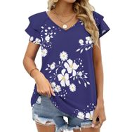 AILLOSA YH-341 V Yakalı Fırfırlı Baskılı Kısa Kollu Kadın T-shirt
