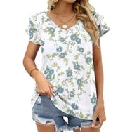 AILLOSA YH-342 V Yakalı Fırfırlı Baskılı Kısa Kollu Kadın T-shirt