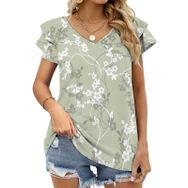 AILLOSA YH-343 V Yakalı Fırfırlı Baskılı Kısa Kollu Kadın T-shirt