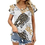 AILLOSA YH-344 V Yakalı Fırfırlı Baskılı Kısa Kollu Kadın T-shirt
