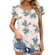 AILLOSA YH-345 V Yakalı Fırfırlı Baskılı Kısa Kollu Kadın T-shirt