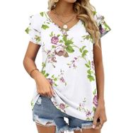 AILLOSA YH-346 V Yakalı Fırfırlı Baskılı Kısa Kollu Kadın T-shirt