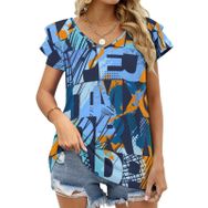 AILLOSA YH-347 V Yakalı Fırfırlı Baskılı Kısa Kollu Kadın T-shirt