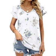 AILLOSA YH-348 V Yakalı Fırfırlı Baskılı Kısa Kollu Kadın T-shirt