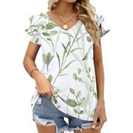 AILLOSA YH-349 V Yakalı Fırfırlı Baskılı Kısa Kollu Kadın T-shirt