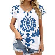 AILLOSA YH-35 V Yakalı Fırfırlı Baskılı Kısa Kollu Kadın T-shirt