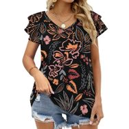 AILLOSA YH-350 V Yakalı Fırfırlı Baskılı Kısa Kollu Kadın T-shirt