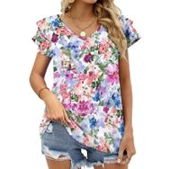 AILLOSA YH-351 V Yakalı Fırfırlı Baskılı Kısa Kollu Kadın T-shirt