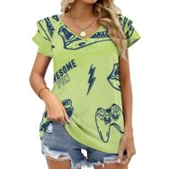 AILLOSA YH-352 V Yakalı Fırfırlı Baskılı Kısa Kollu Kadın T-shirt