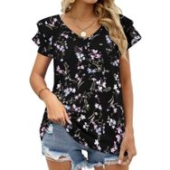 AILLOSA YH-353 V Yakalı Fırfırlı Baskılı Kısa Kollu Kadın T-shirt