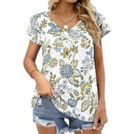 AILLOSA YH-354 V Yakalı Fırfırlı Baskılı Kısa Kollu Kadın T-shirt