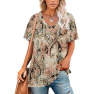 AILLOSA YH-355 Tamamı Baskılı V Yaka Kısa Kollu Kadın T-Shirt