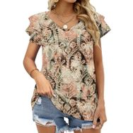 AILLOSA YH-355 V Yakalı Fırfırlı Baskılı Kısa Kollu Kadın T-shirt