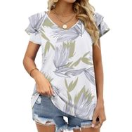 AILLOSA YH-356 V Yakalı Fırfırlı Baskılı Kısa Kollu Kadın T-shirt