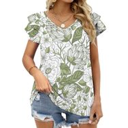 AILLOSA YH-357 V Yakalı Fırfırlı Baskılı Kısa Kollu Kadın T-shirt