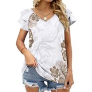 AILLOSA YH-358 V Yakalı Fırfırlı Baskılı Kısa Kollu Kadın T-shirt