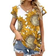 AILLOSA YH-359 Tamamı Baskılı Fırfırlı Kısa Kollu V Yakalı Kadın T-shirt