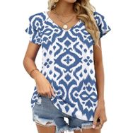 AILLOSA YH-36 Tamamı Baskılı Fırfırlı Kısa Kollu V Yakalı Kadın T-shirt